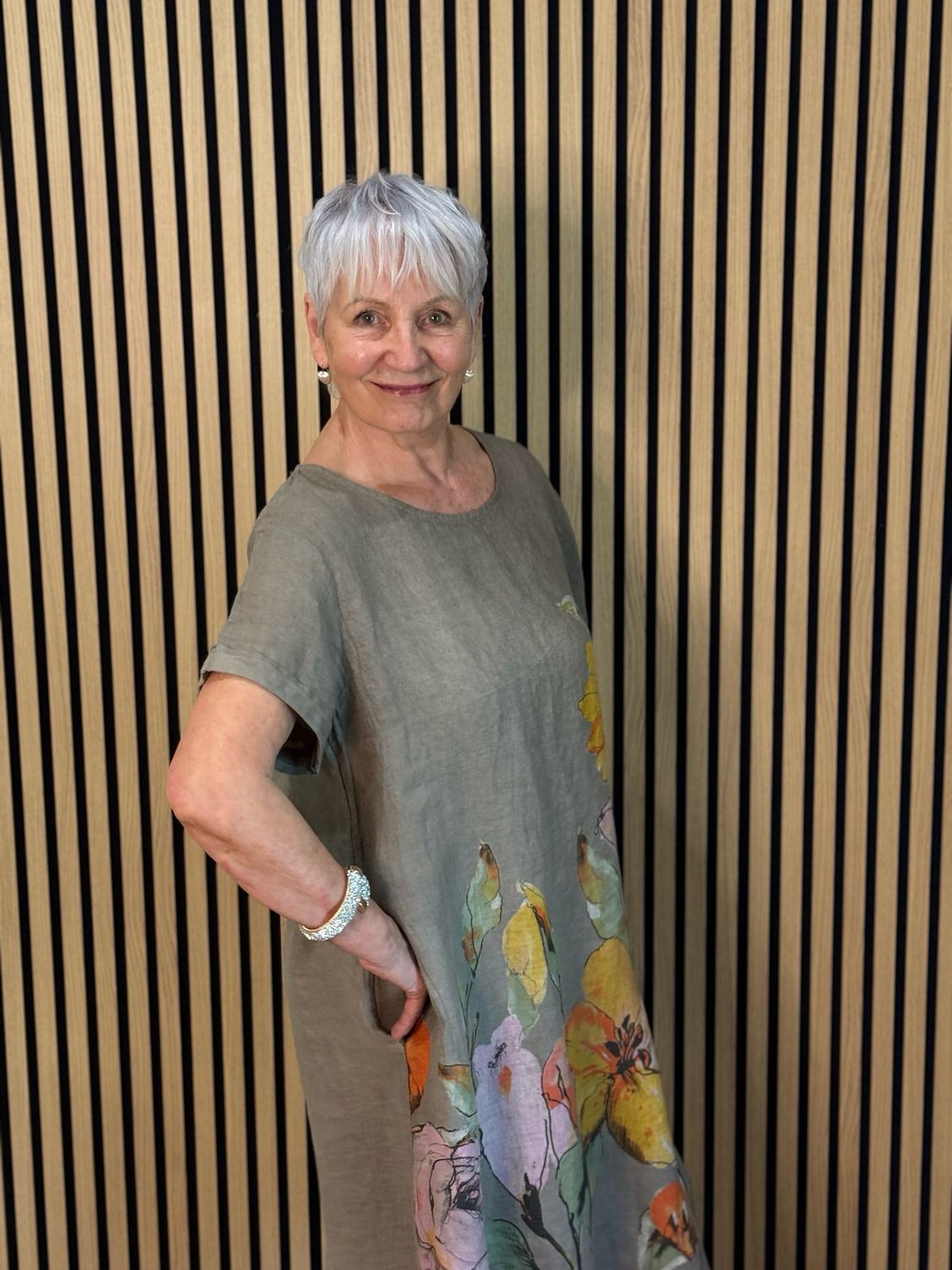 Floral Linen Midi Dress - Taupe