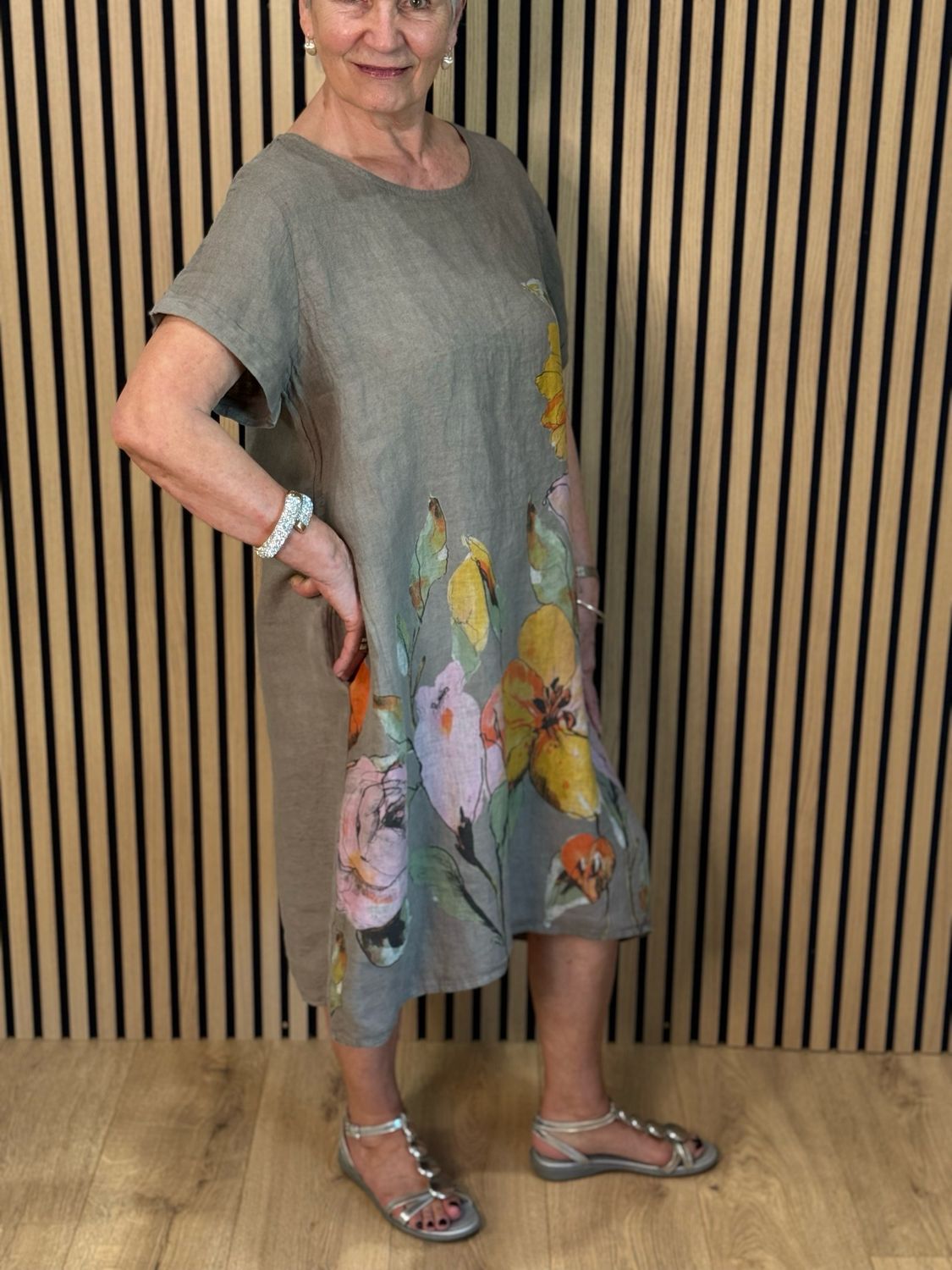 Floral Linen Midi Dress - Taupe