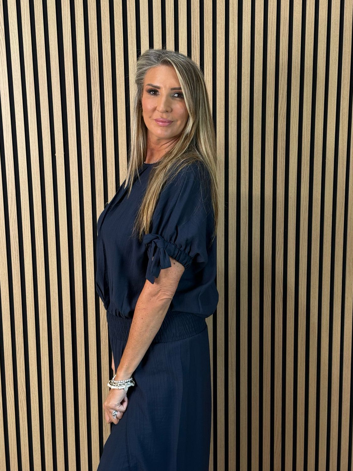 Tie Sleeve Trouser Suit - Navy