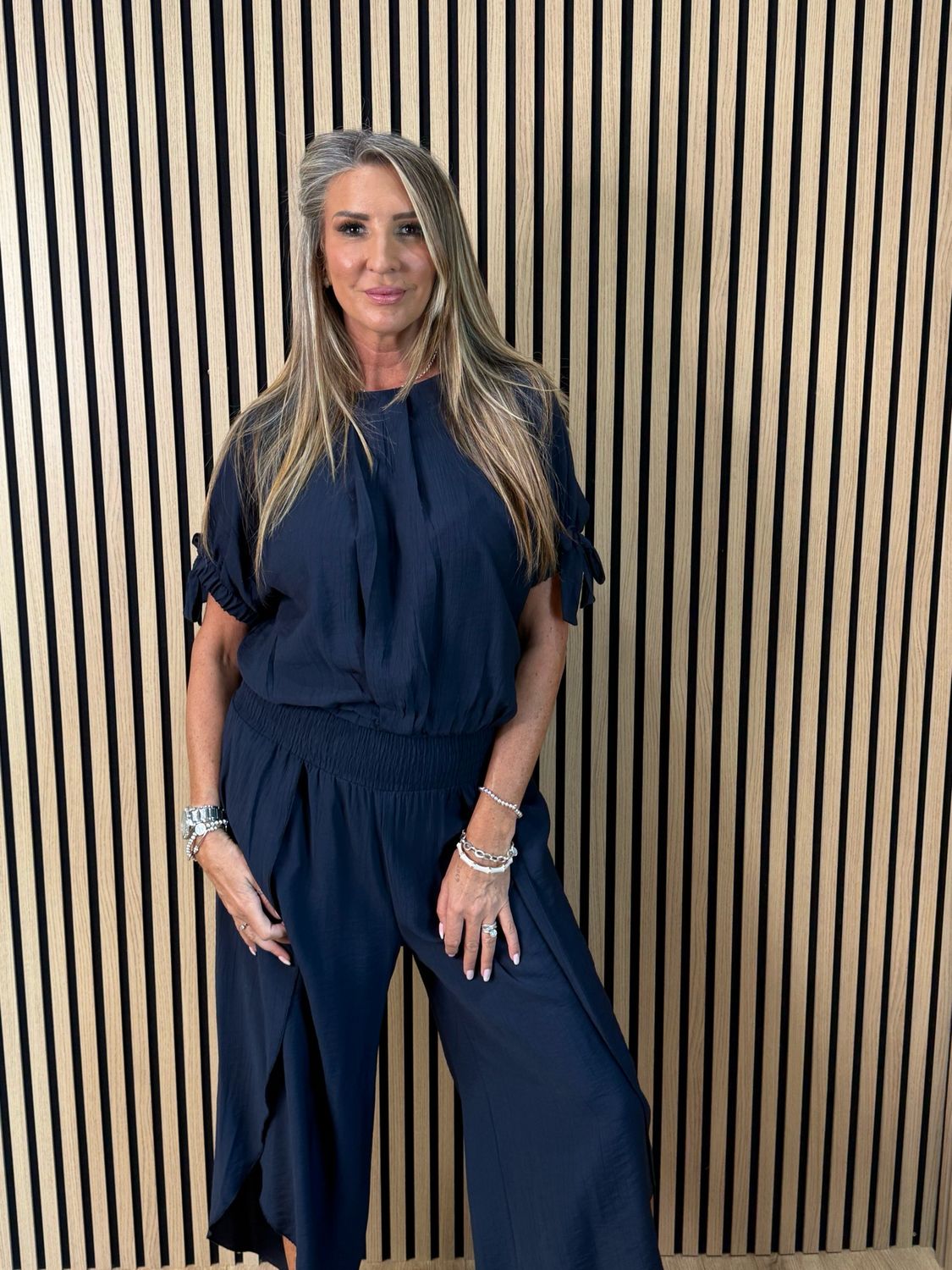 Tie Sleeve Trouser Suit - Navy