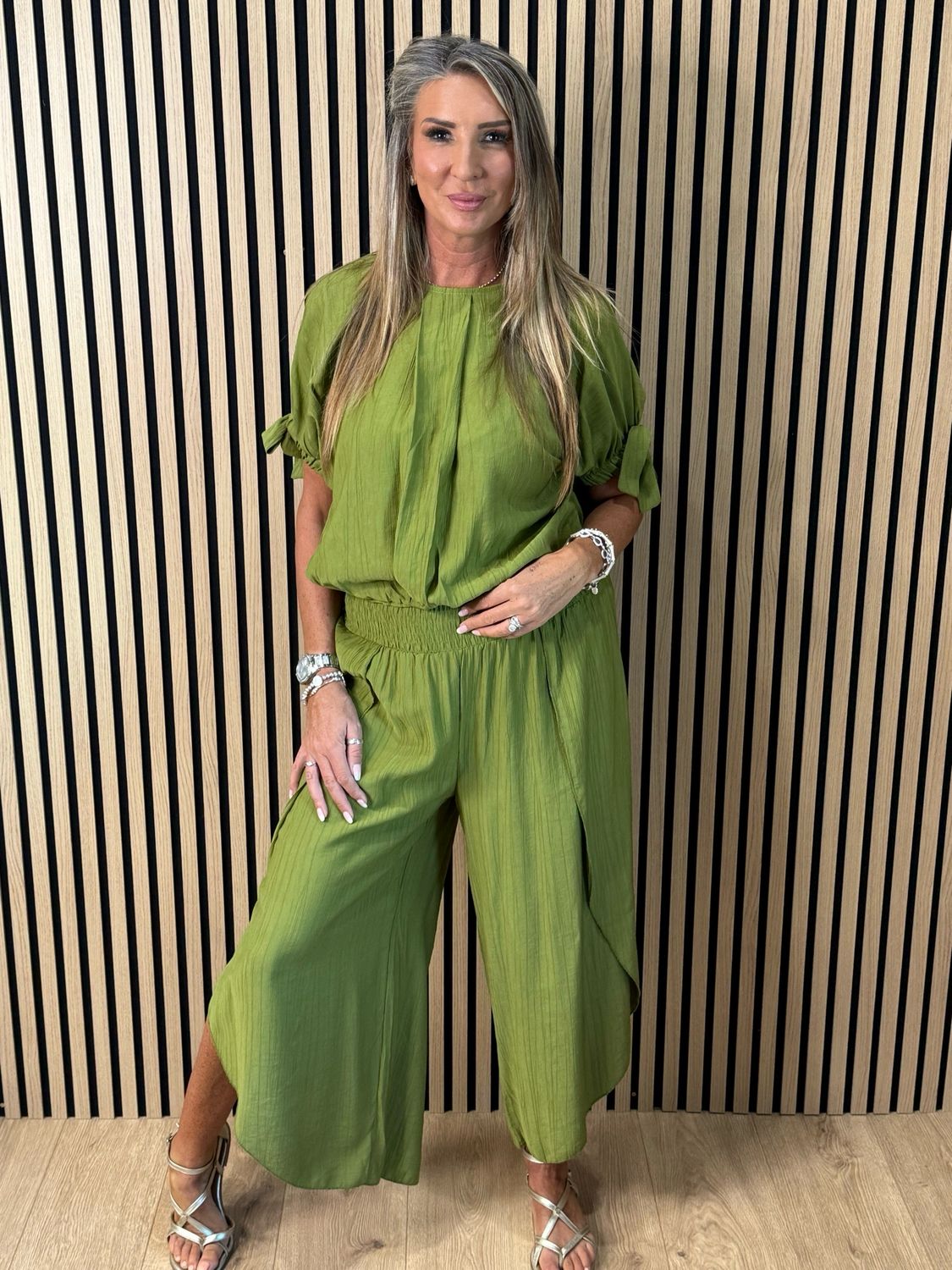 Tie Sleeve Trouser Suit - Lime