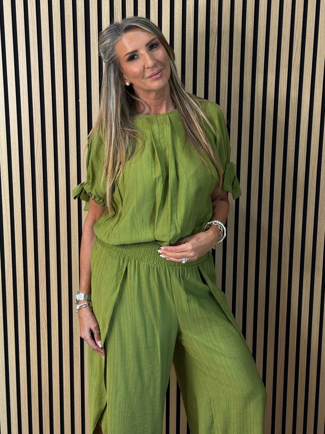 Tie Sleeve Trouser Suit - Lime