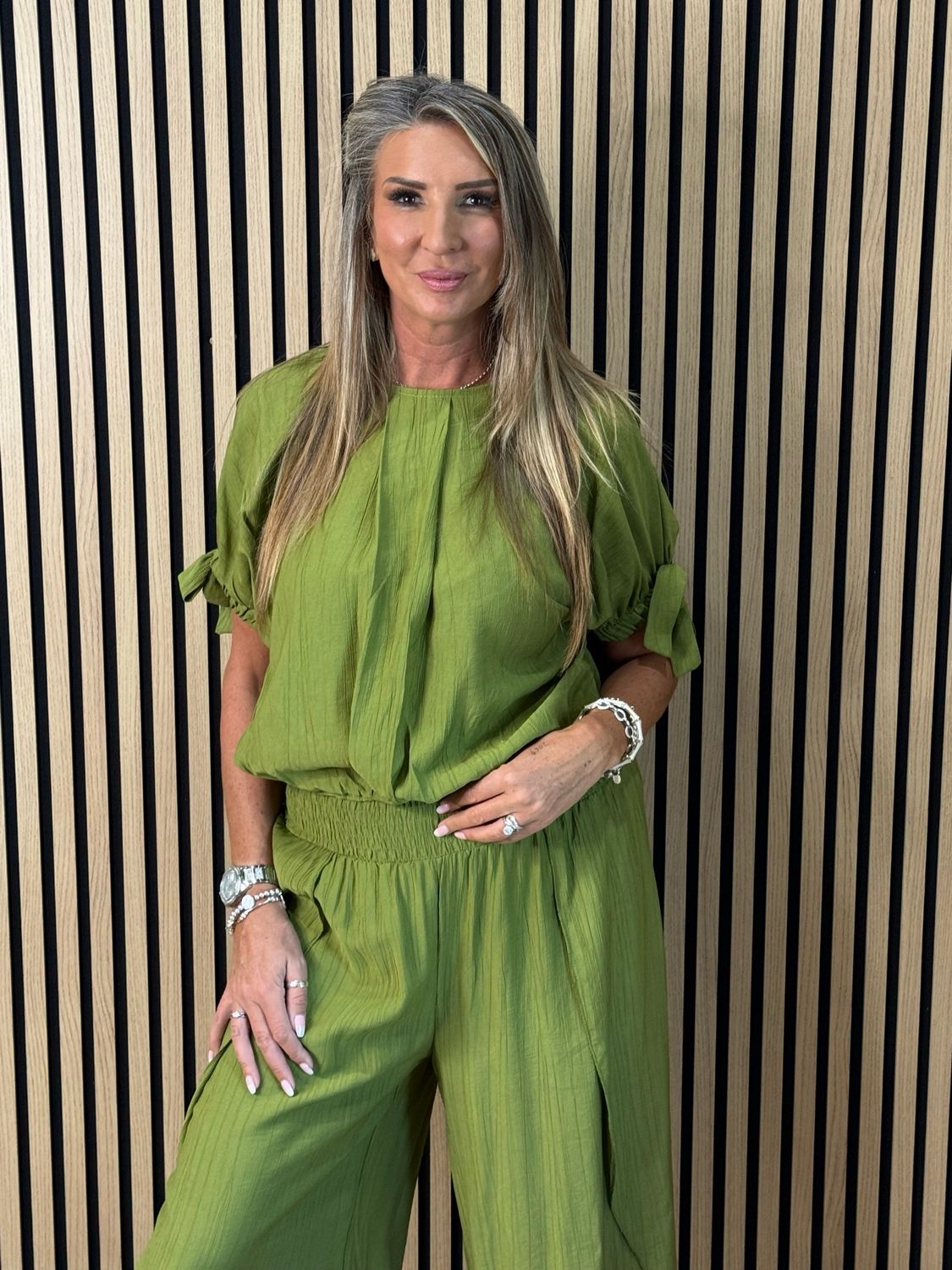 Tie Sleeve Trouser Suit - Lime