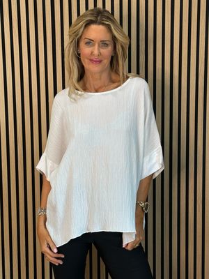 Crinkle Satin Sleeve Top - White