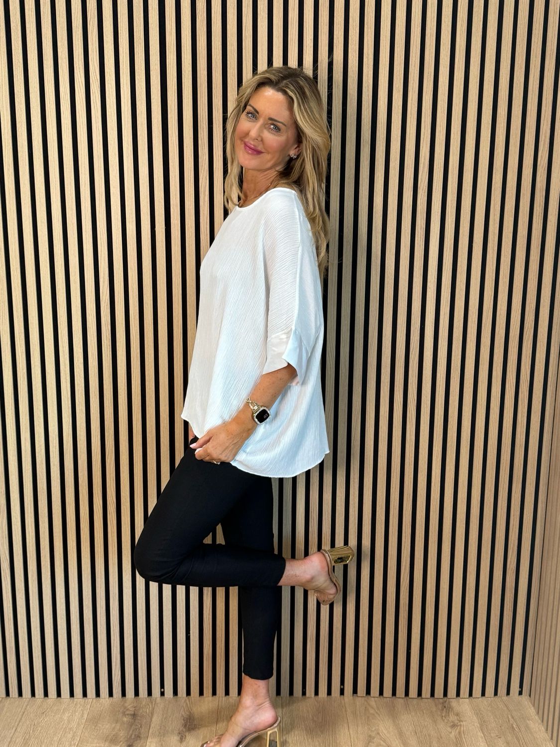 Crinkle Satin Sleeve Top - White