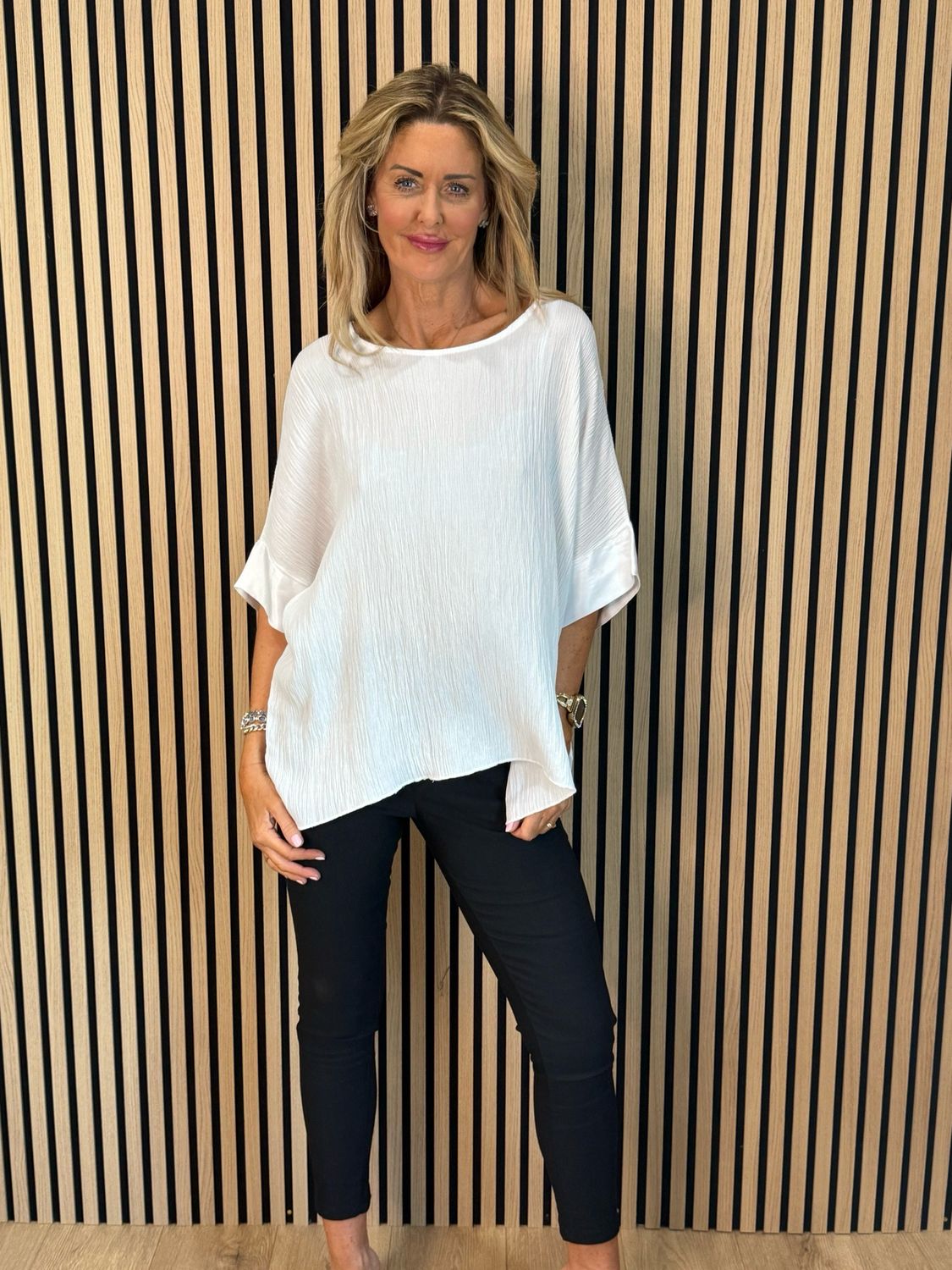 Crinkle Satin Sleeve Top - White