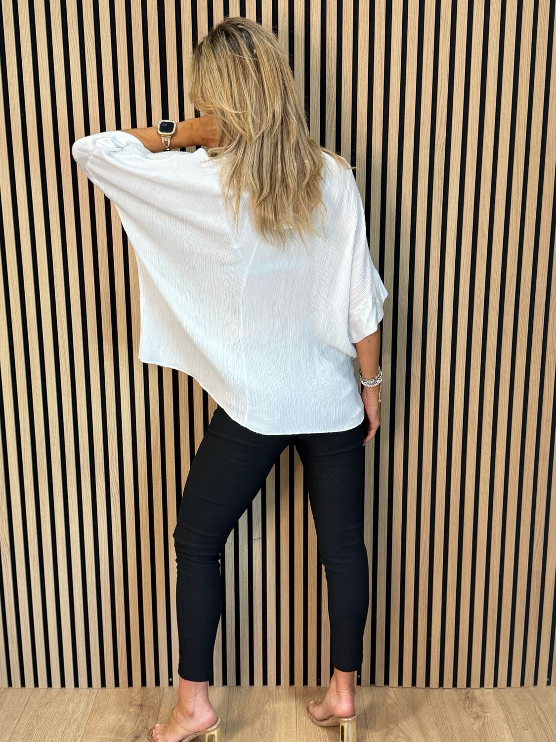 Crinkle Satin Sleeve Top - White