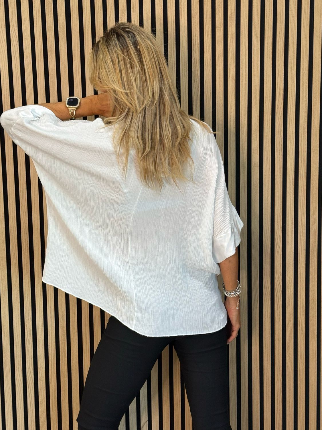 Crinkle Satin Sleeve Top - White