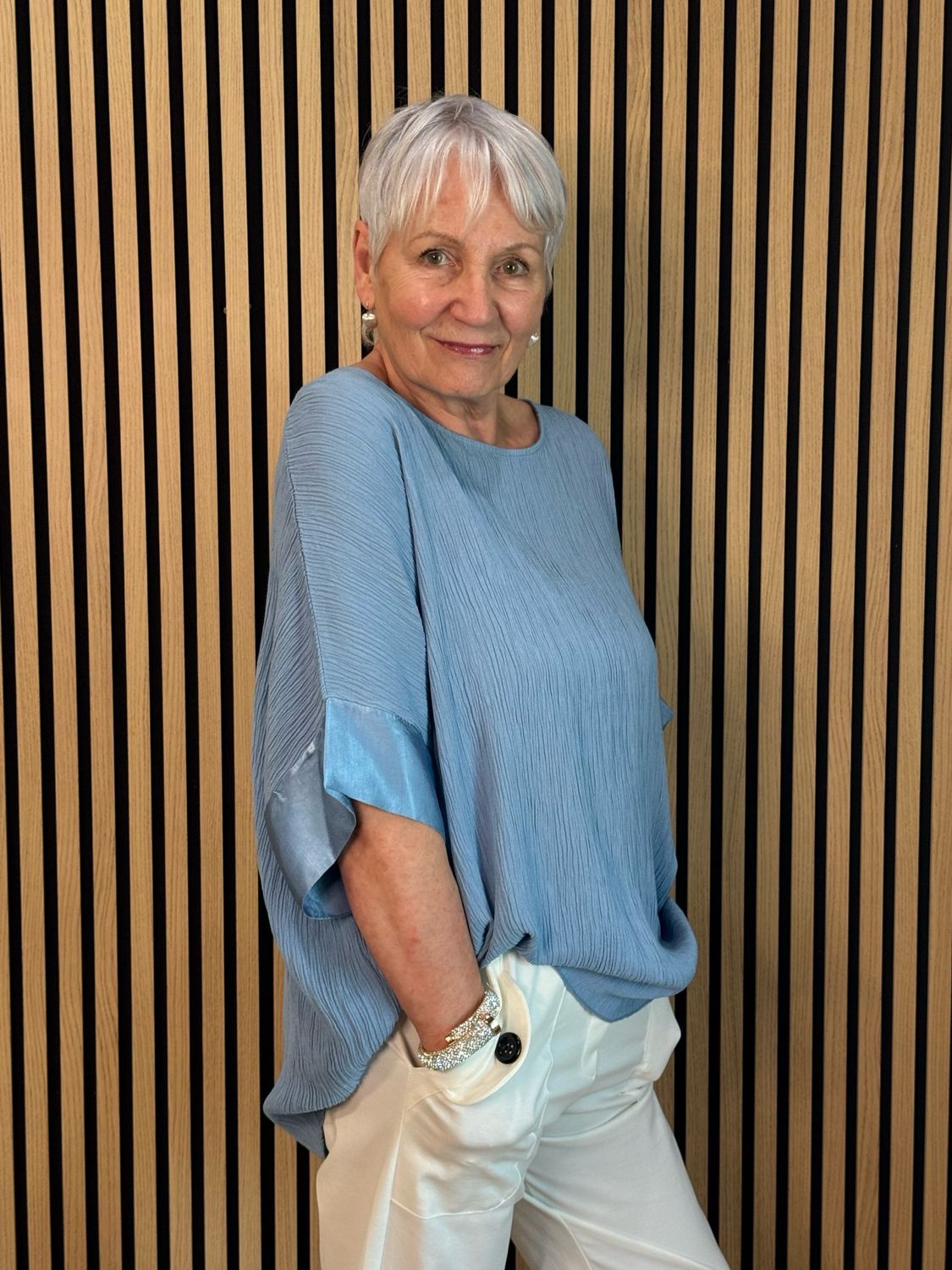 Crinkle Satin Sleeve top - Blue