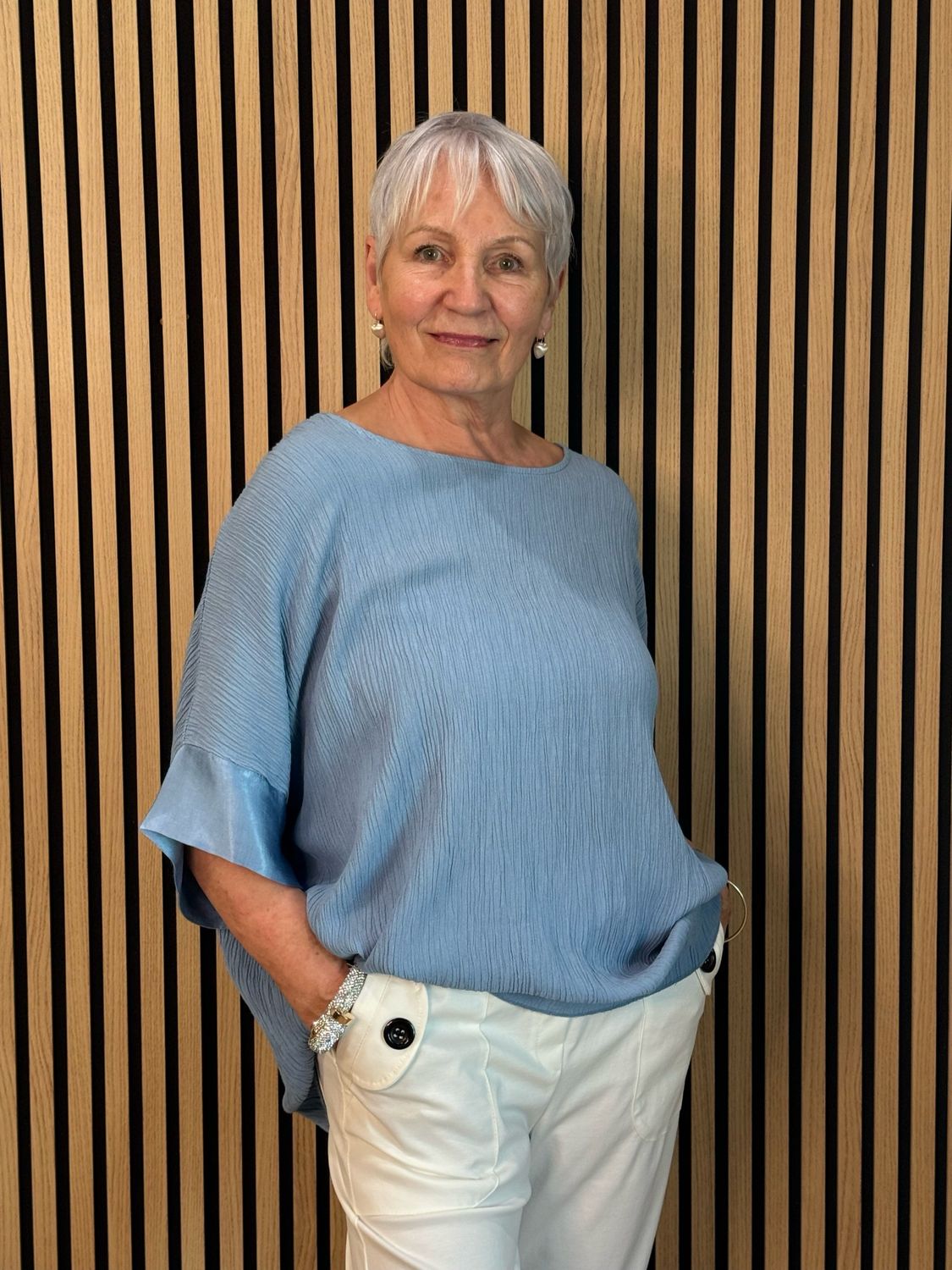 Crinkle Satin Sleeve top - Blue