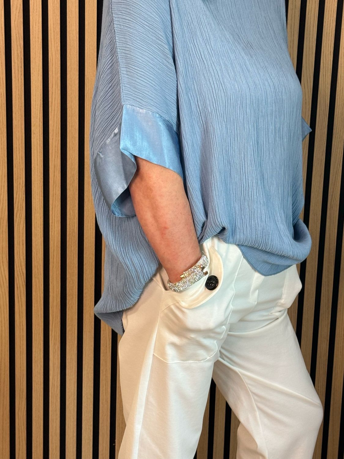 Crinkle Satin Sleeve top - Blue