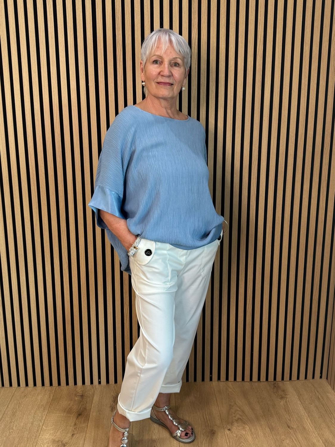 Crinkle Satin Sleeve top - Blue