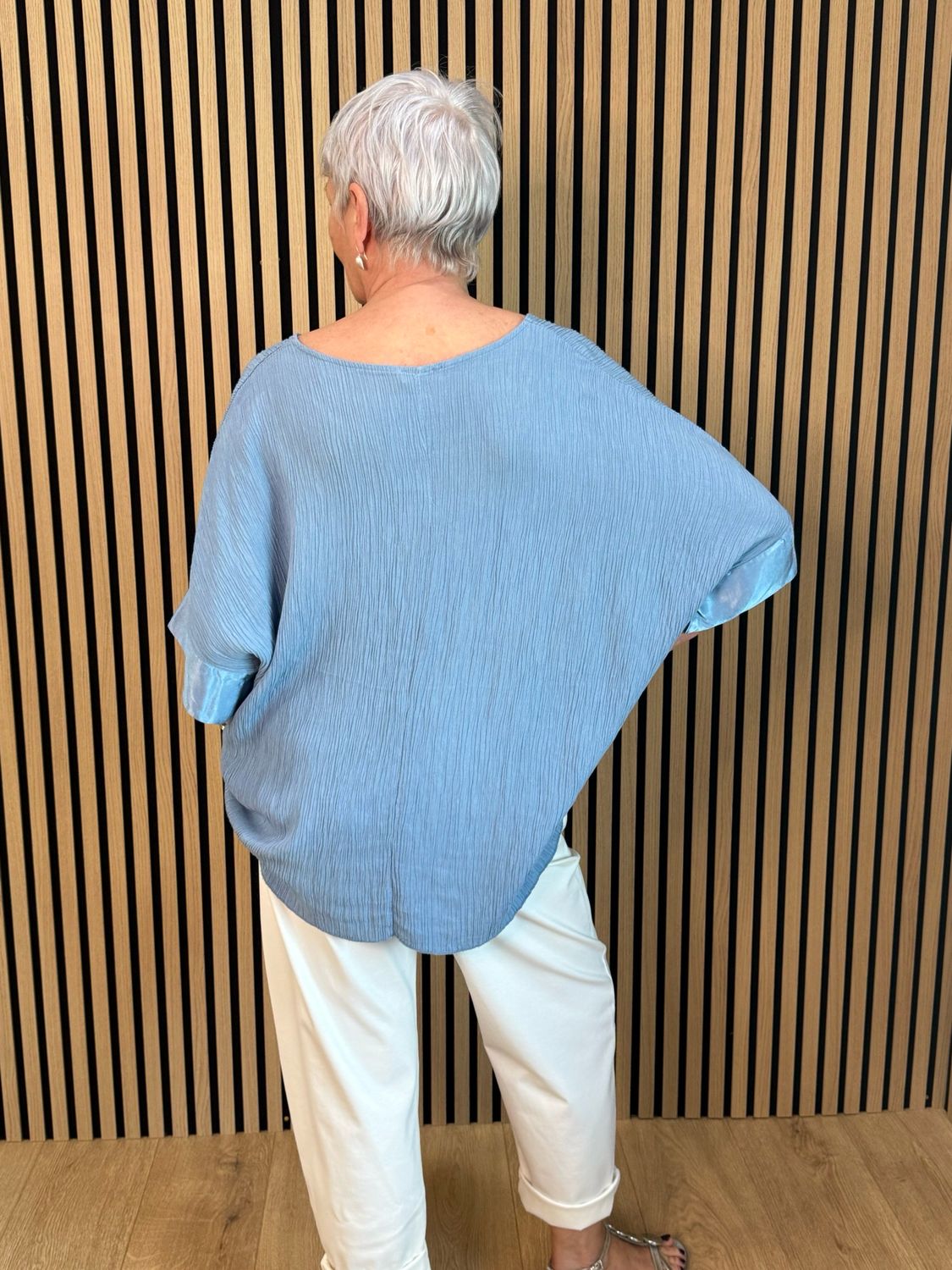 Crinkle Satin Sleeve top - Blue