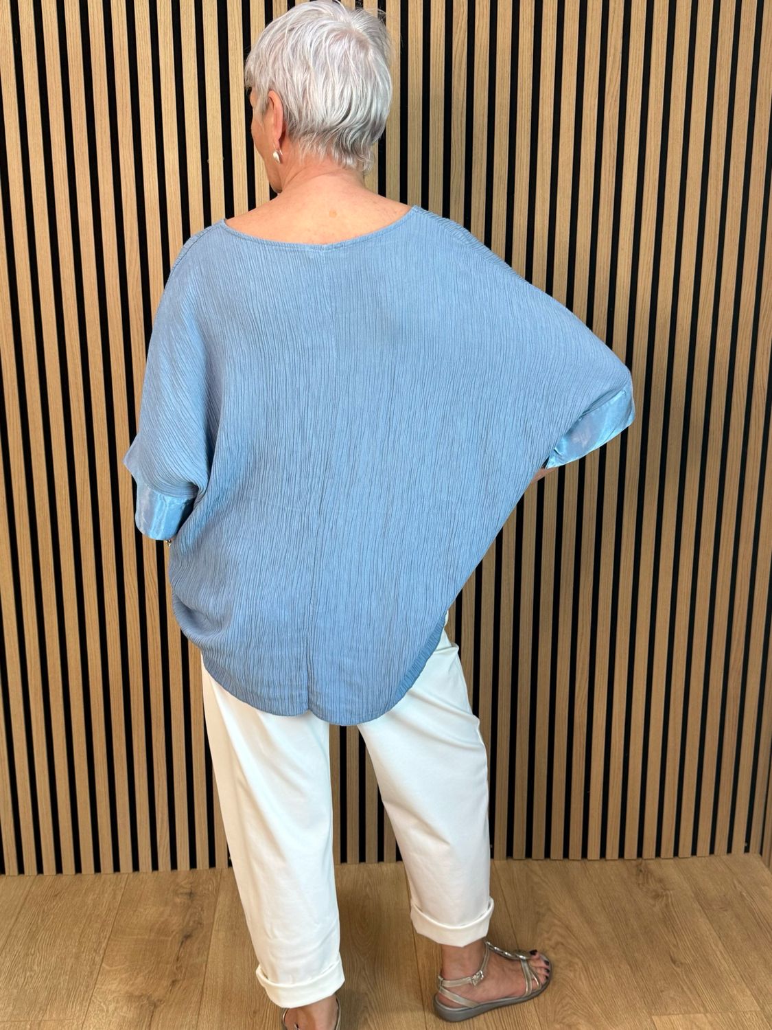 Crinkle Satin Sleeve top - Blue
