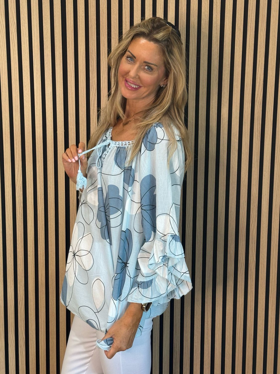 Floral Tie Neck Blouse - Blue