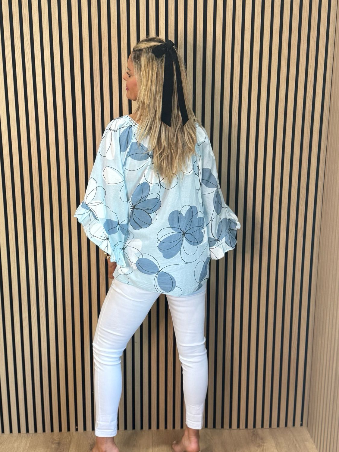 Floral Tie Neck Blouse - Blue
