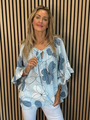 Floral Tie Neck Blouse - Blue