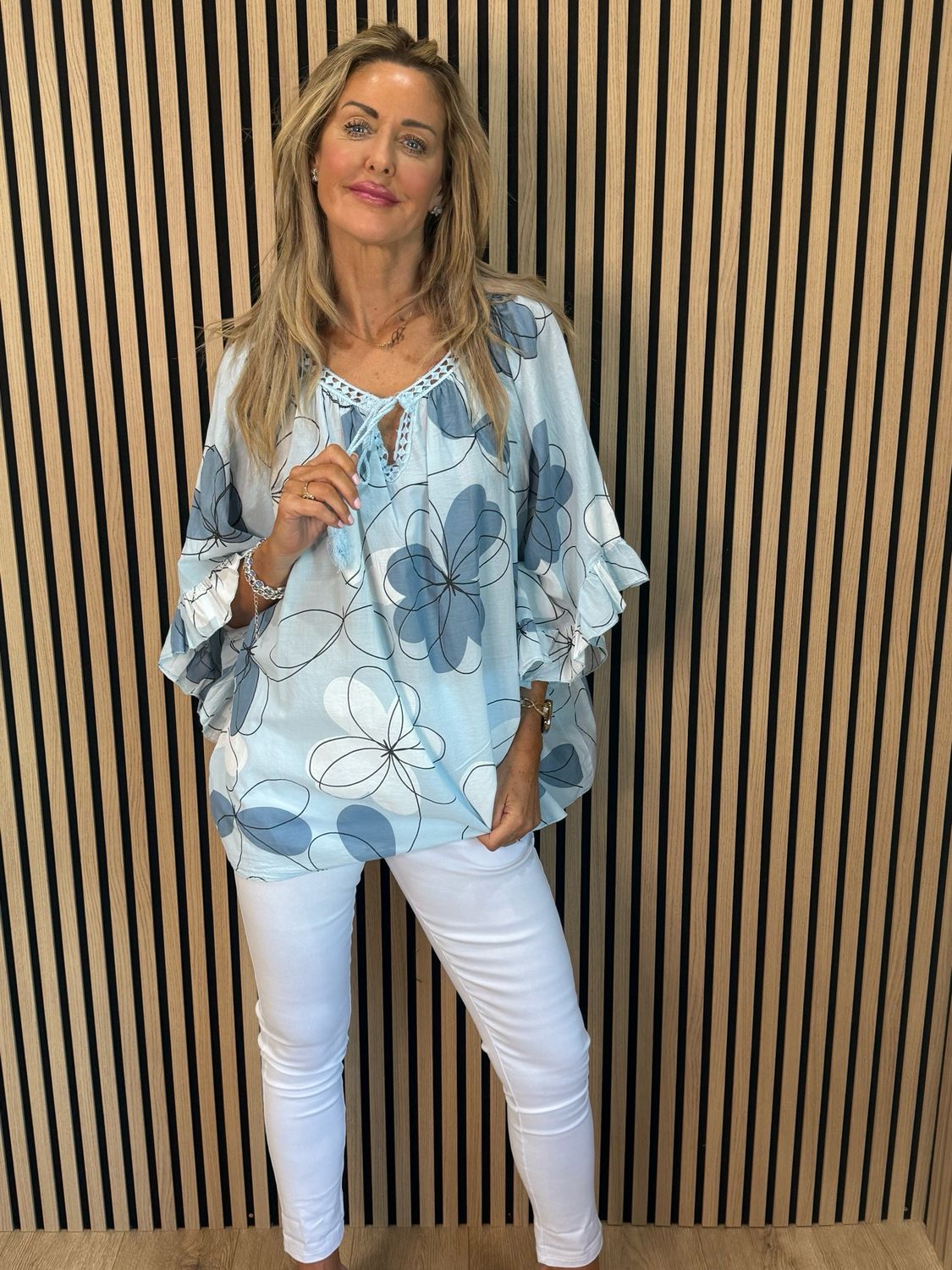 Floral Tie Neck Blouse - Blue