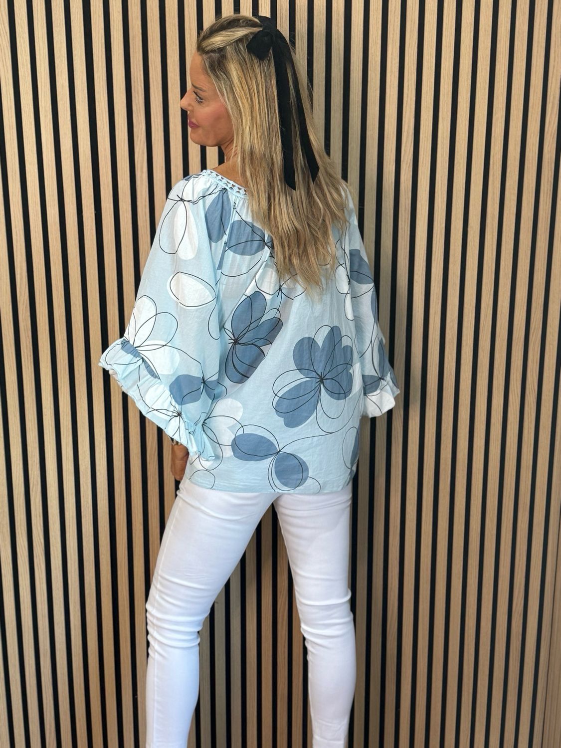 Floral Tie Neck Blouse - Blue