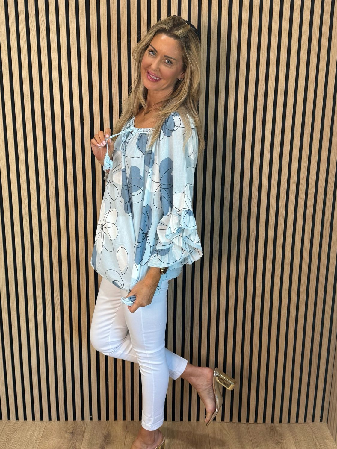 Floral Tie Neck Blouse - Blue