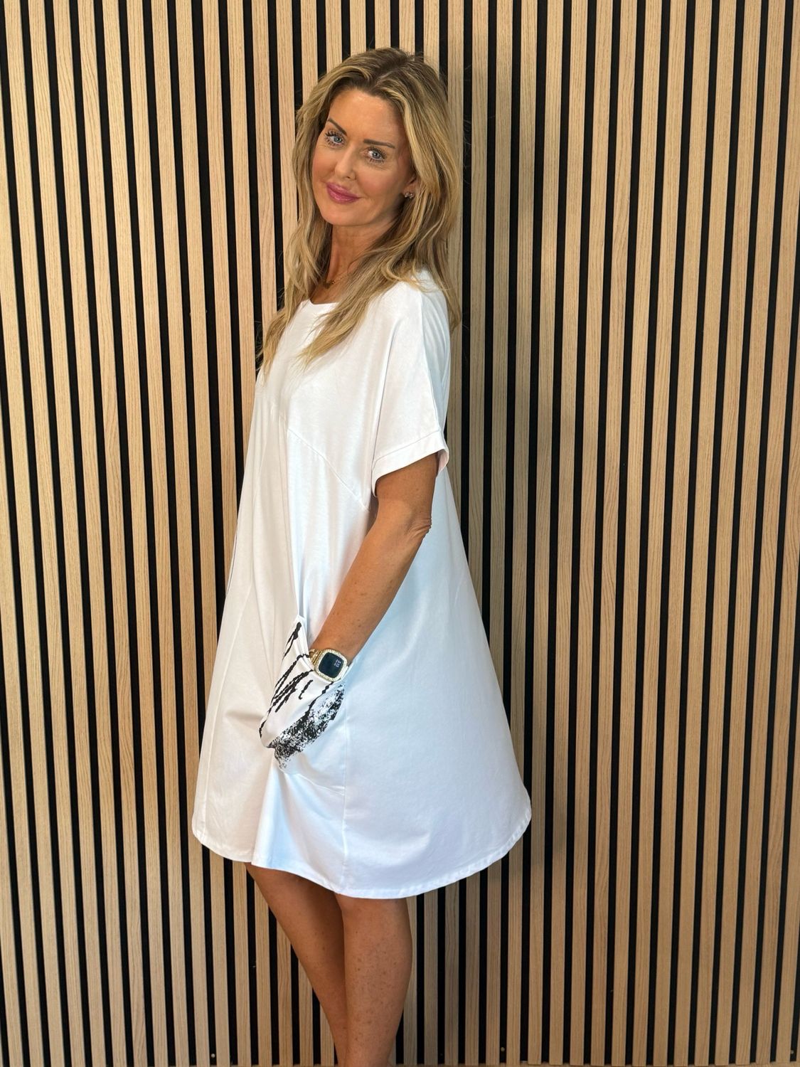 Abstract Pocket T Shirt Dress - White