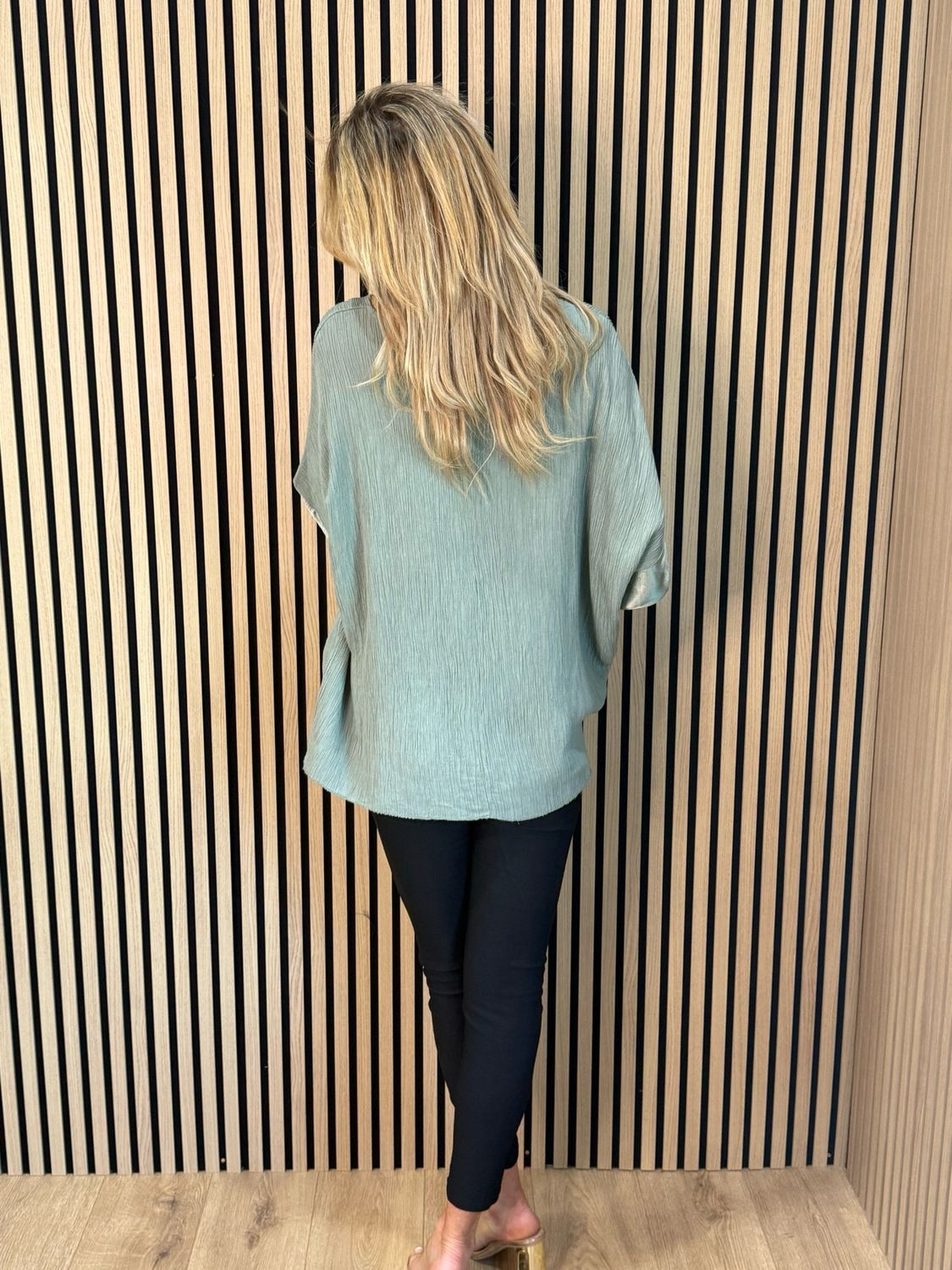 Crinkle Satin Sleeve Top - Khaki