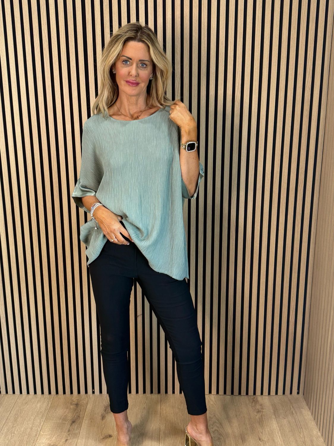 Crinkle Satin Sleeve Top - Khaki