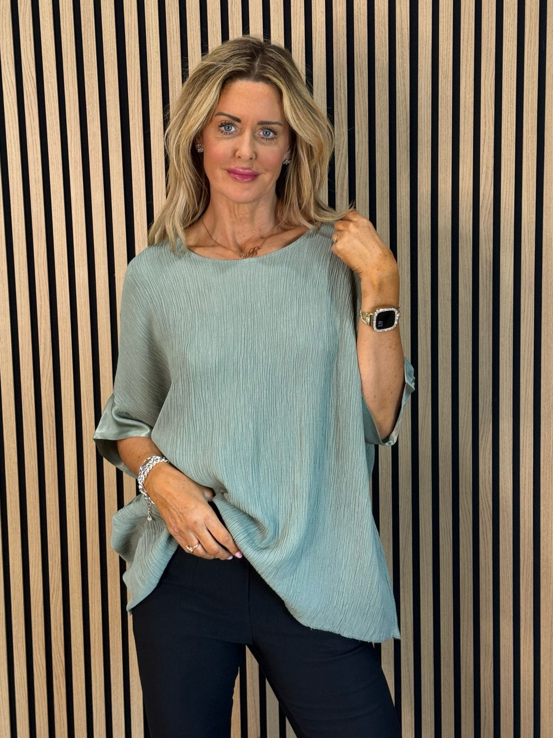 Crinkle Satin Sleeve Top - Khaki