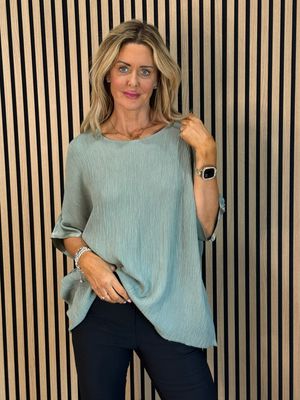 Crinkle Satin Sleeve Top - Khaki