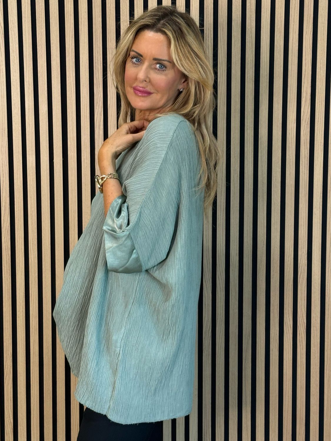 Crinkle Satin Sleeve Top - Khaki