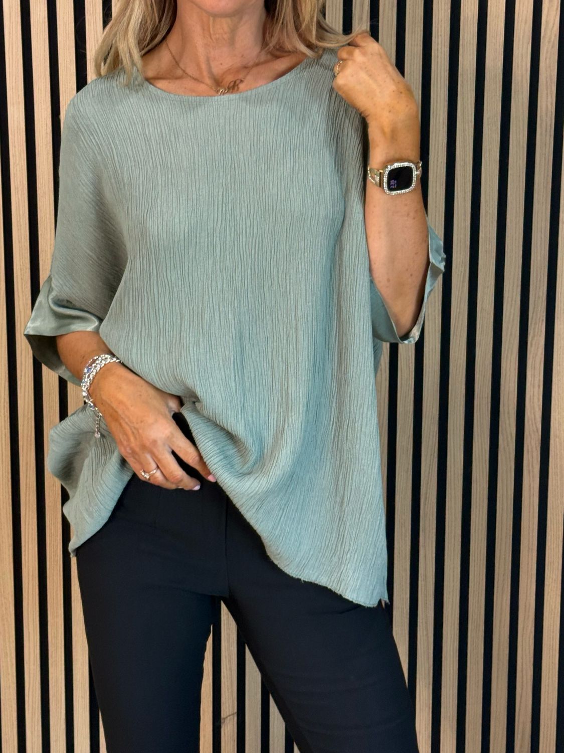 Crinkle Satin Sleeve Top - Khaki