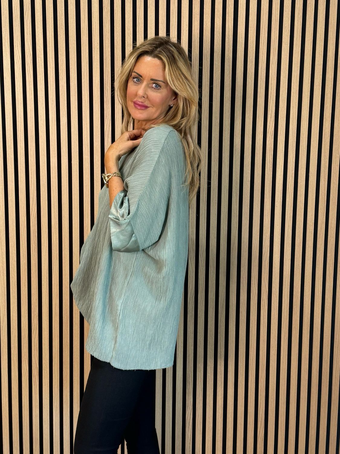 Crinkle Satin Sleeve Top - Khaki