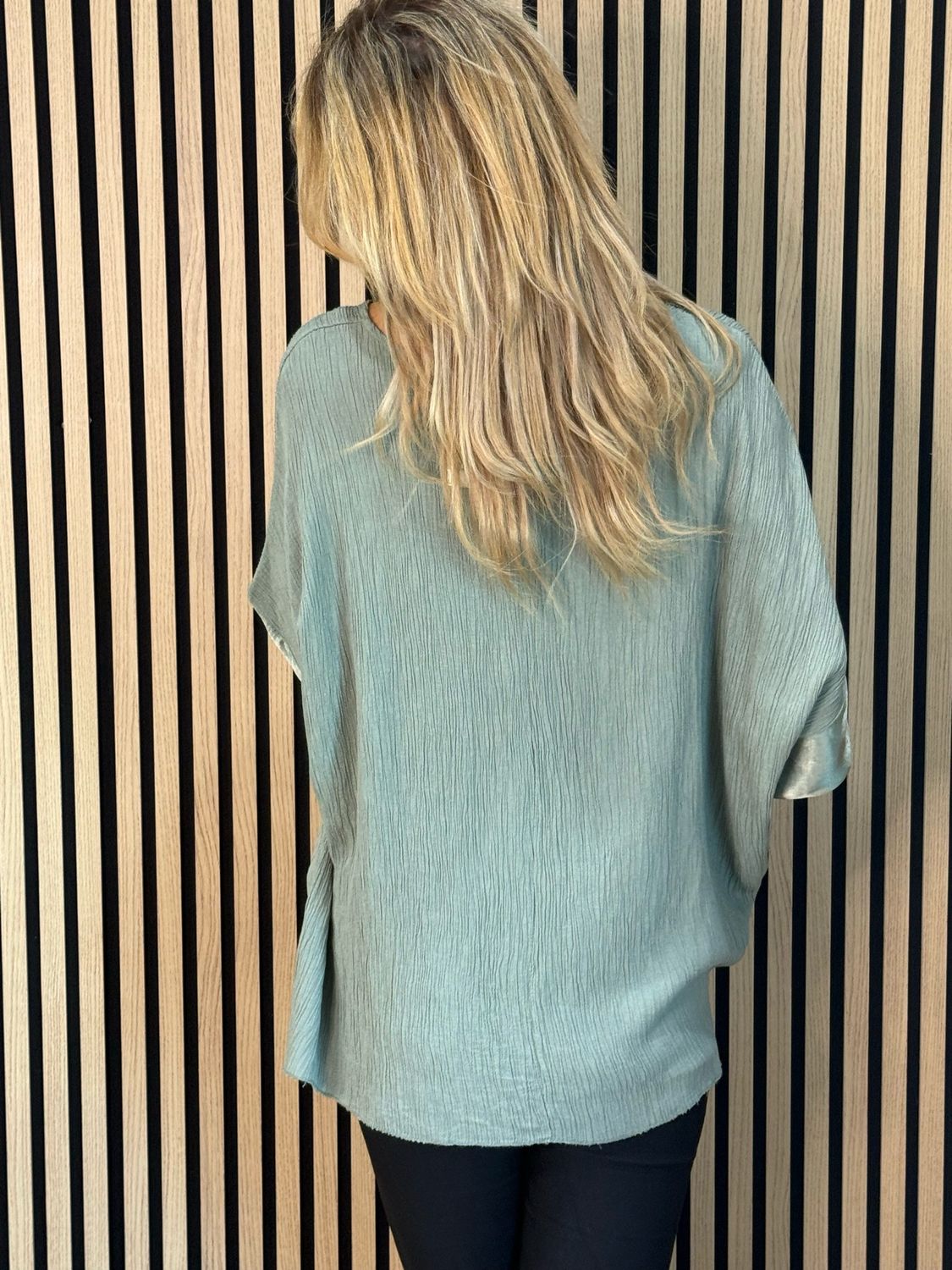 Crinkle Satin Sleeve Top - Khaki