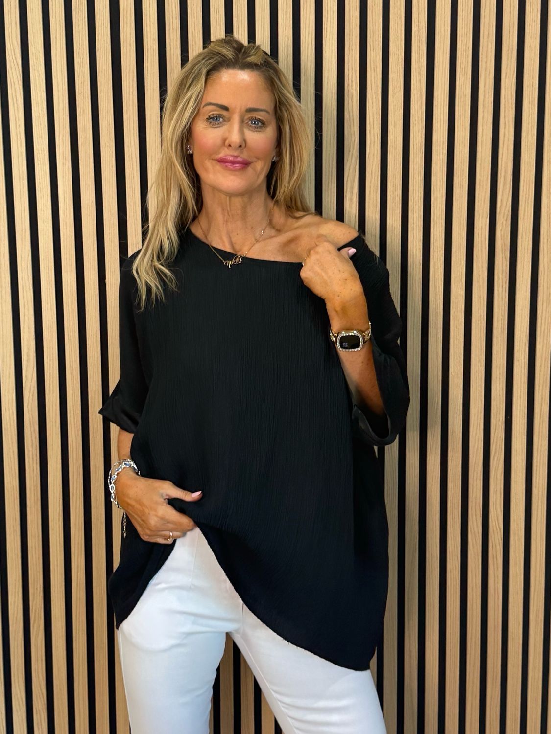 Crinkle Satin Sleeve Top - Black