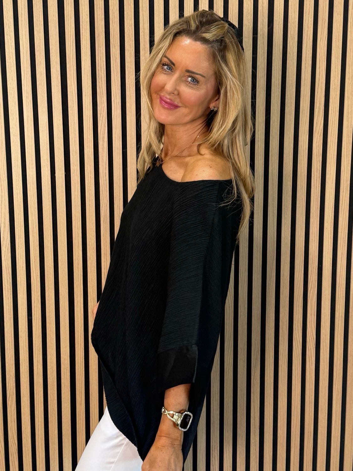 Crinkle Satin Sleeve Top - Black