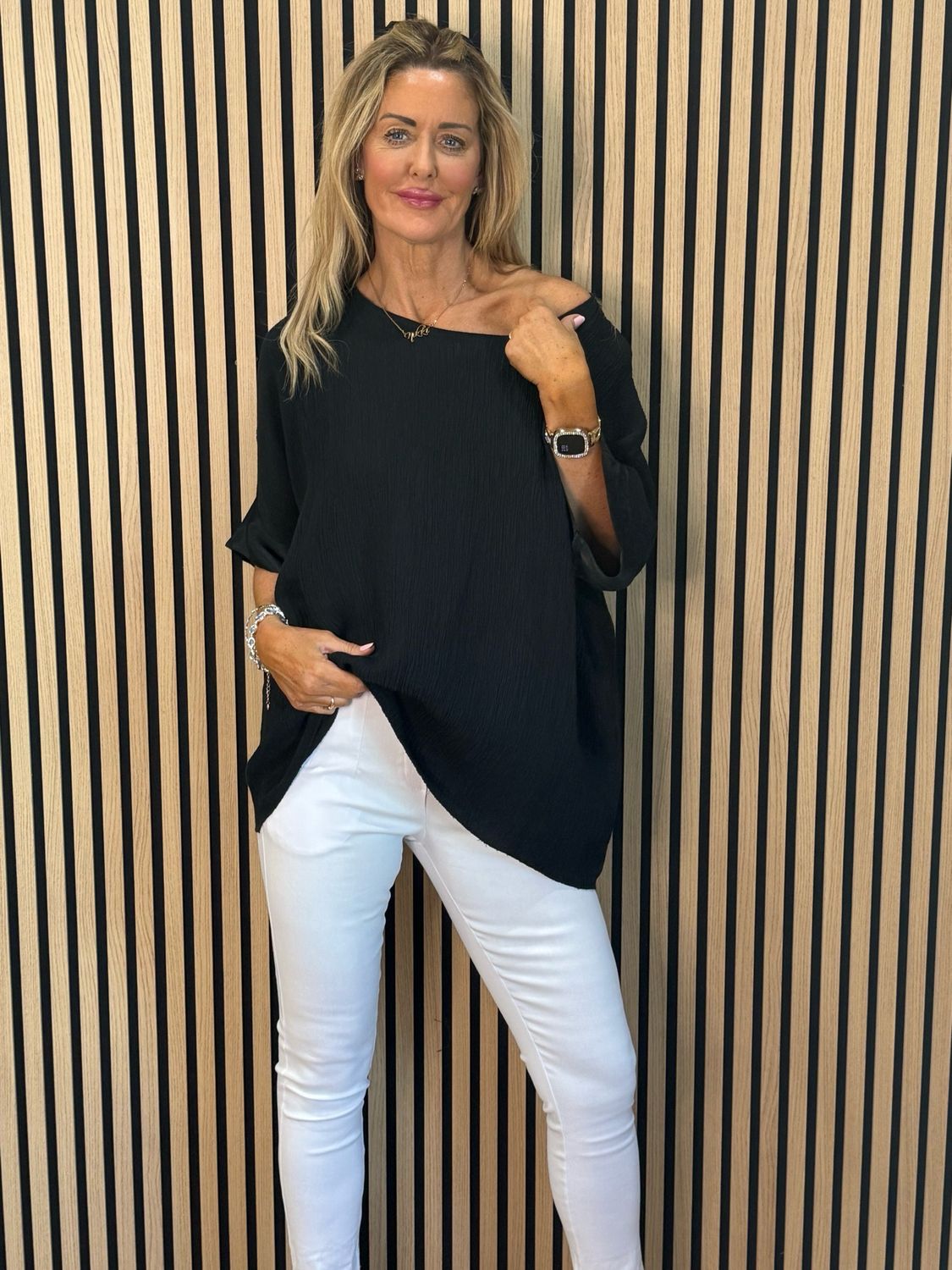 Crinkle Satin Sleeve Top - Black