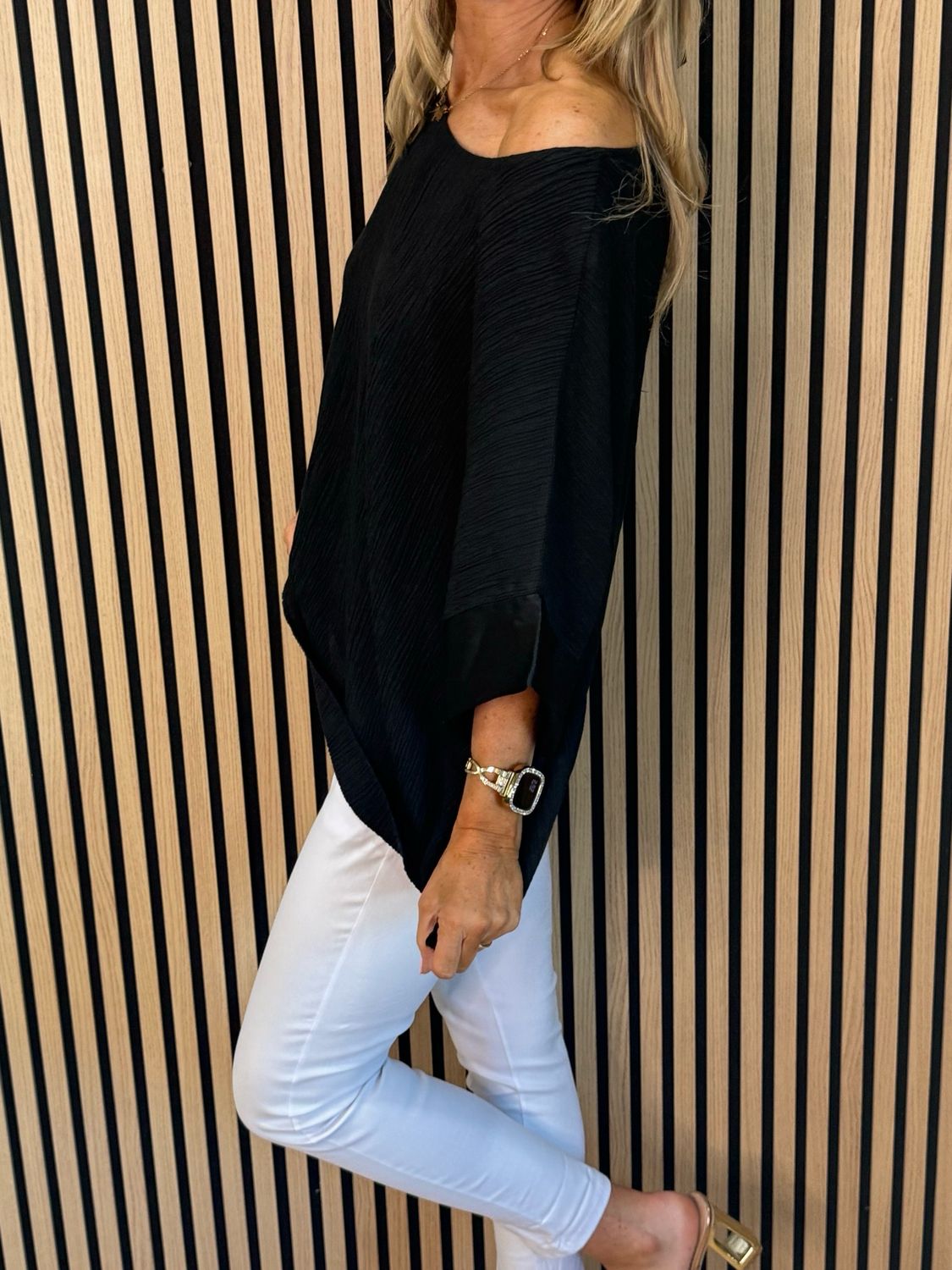 Crinkle Satin Sleeve Top - Black