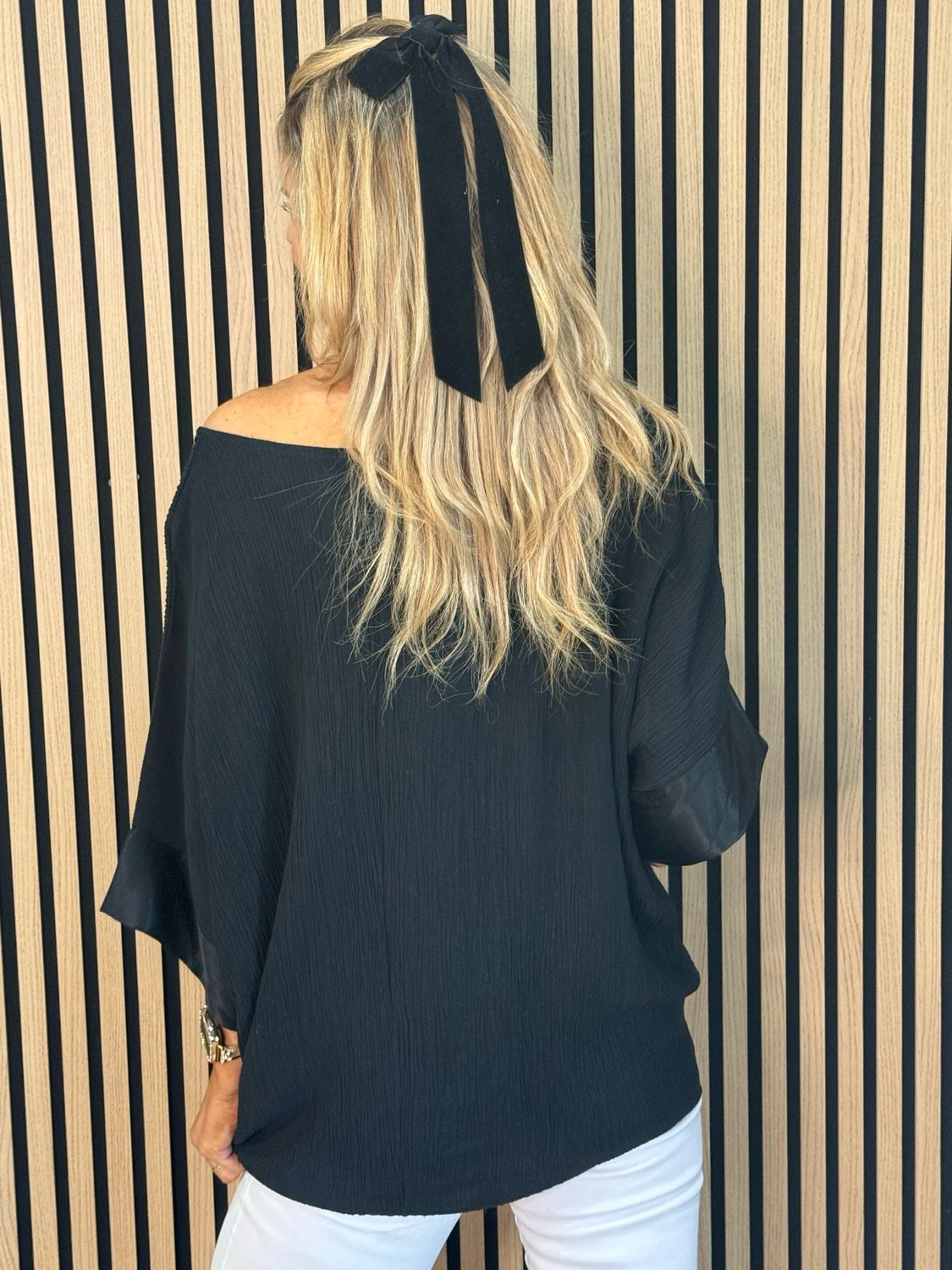 Crinkle Satin Sleeve Top - Black