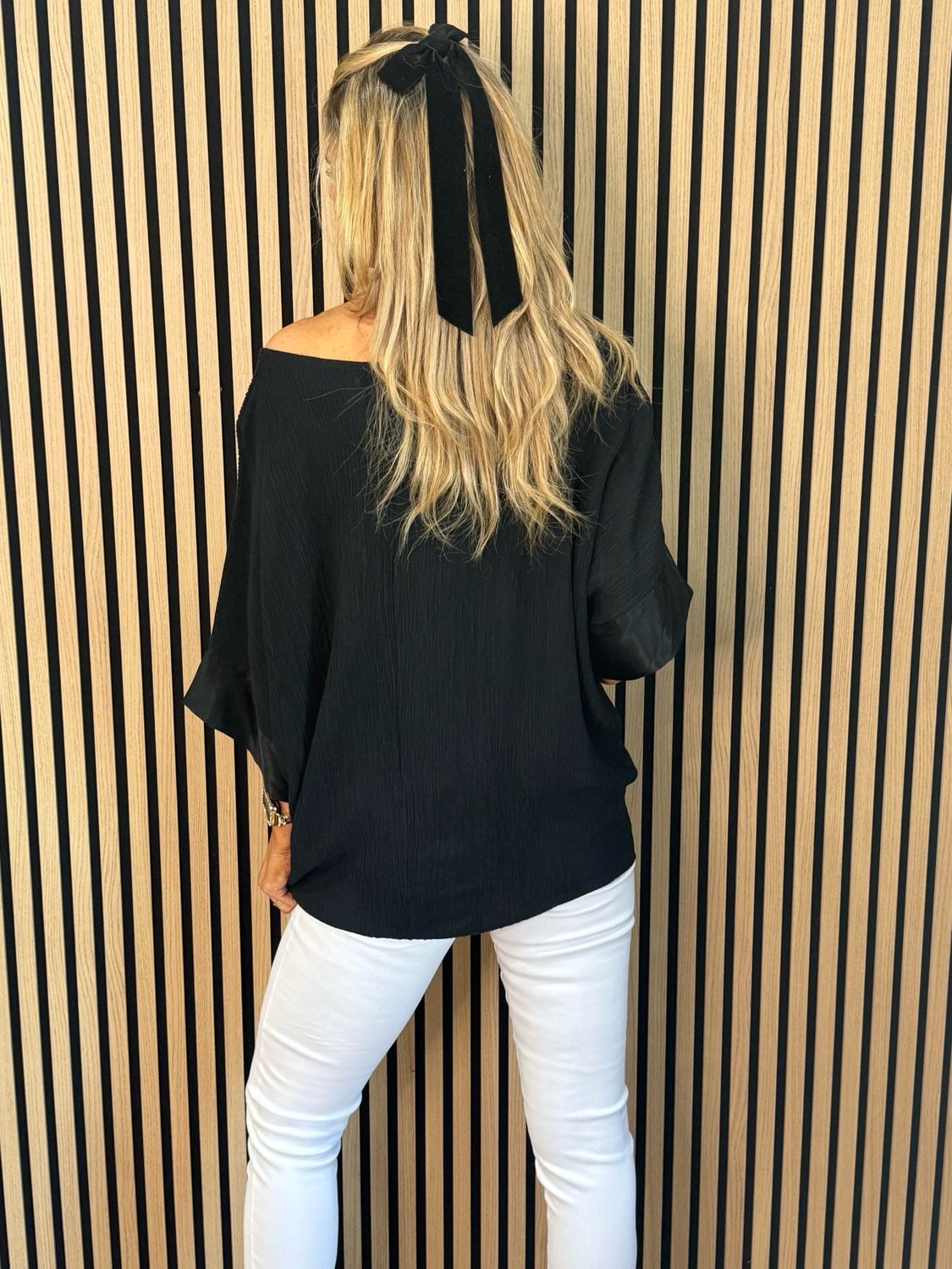 Crinkle Satin Sleeve Top - Black