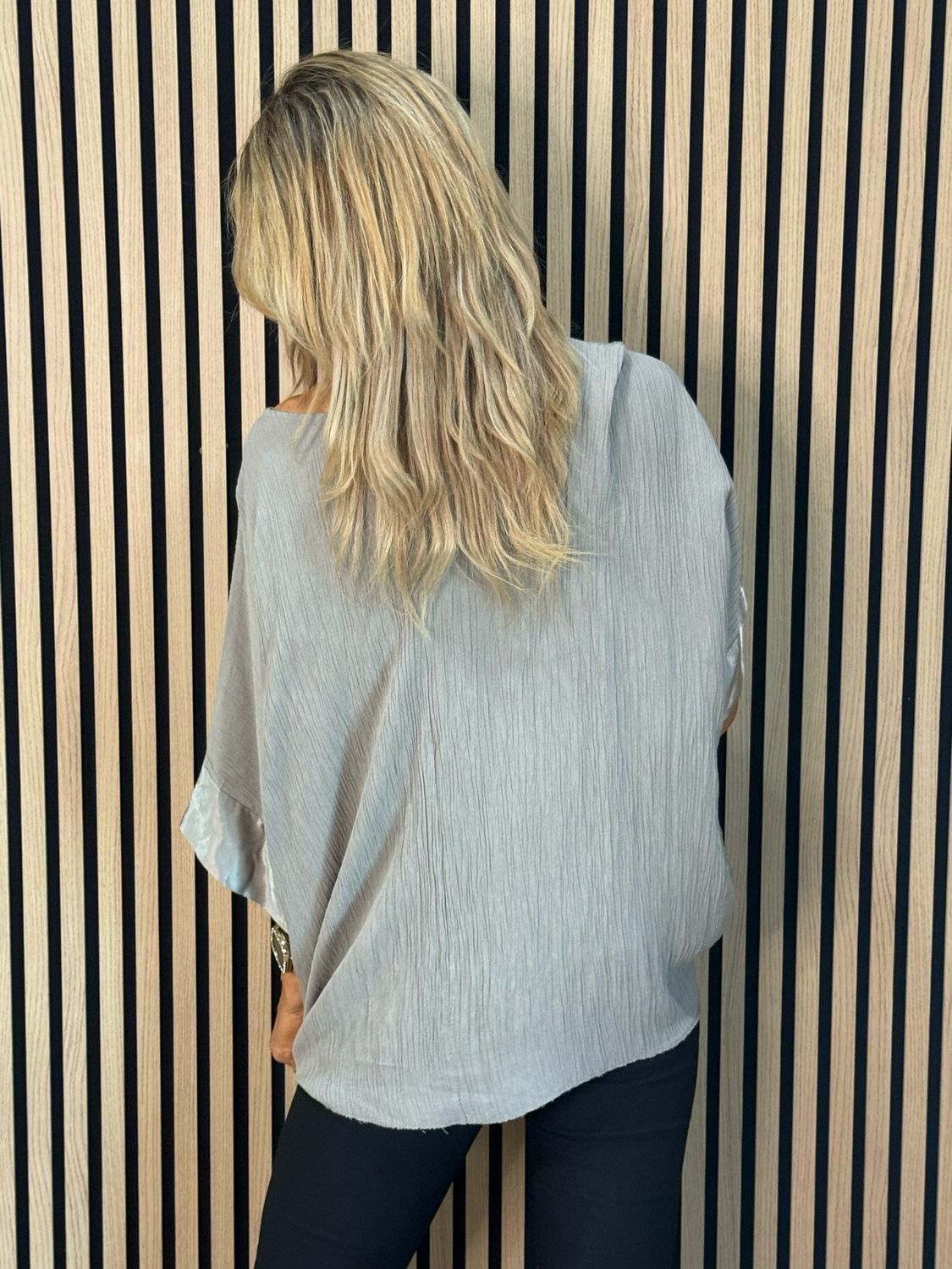Crinkle Satin Sleeve Top - Taupe