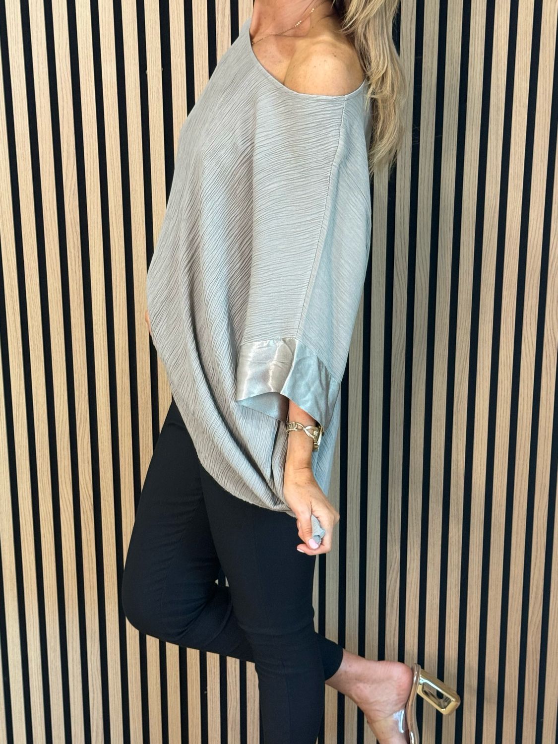 Crinkle Satin Sleeve Top - Taupe