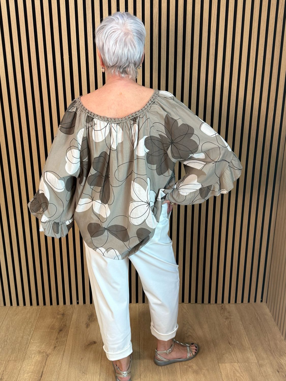 Floral Tie Neck Blouse - Taupe