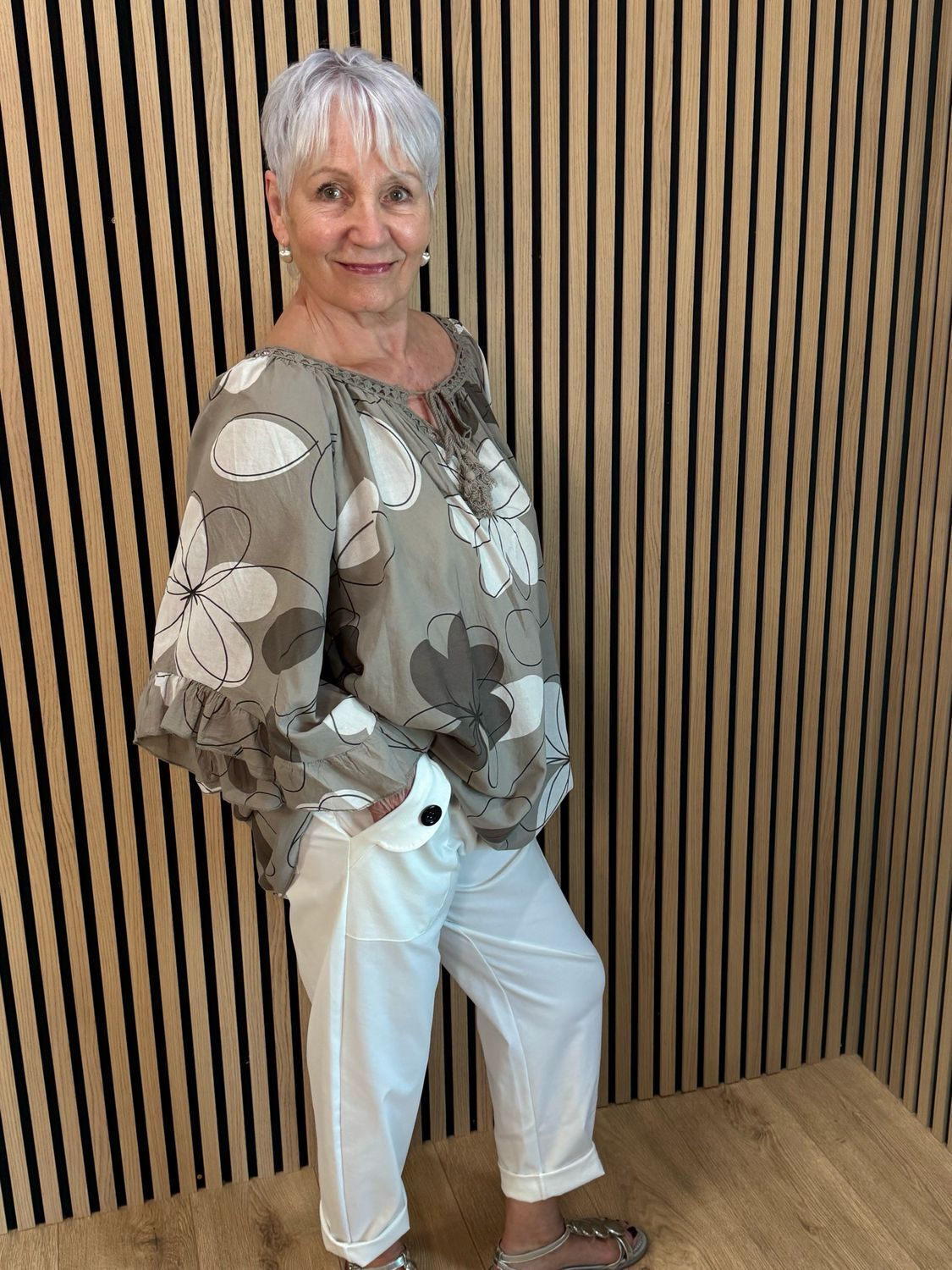 Floral Tie Neck Blouse - Taupe