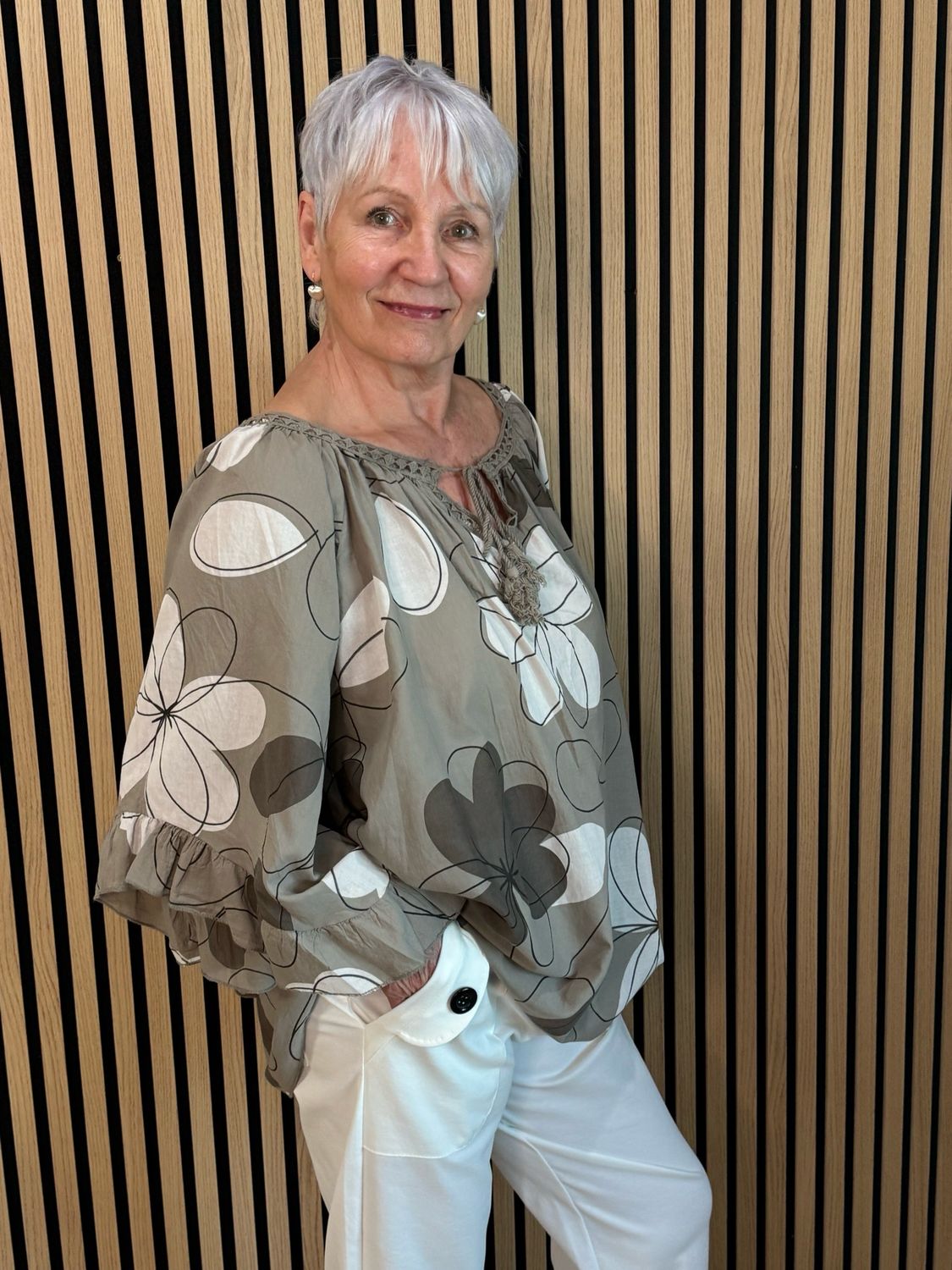 Floral Tie Neck Blouse - Taupe