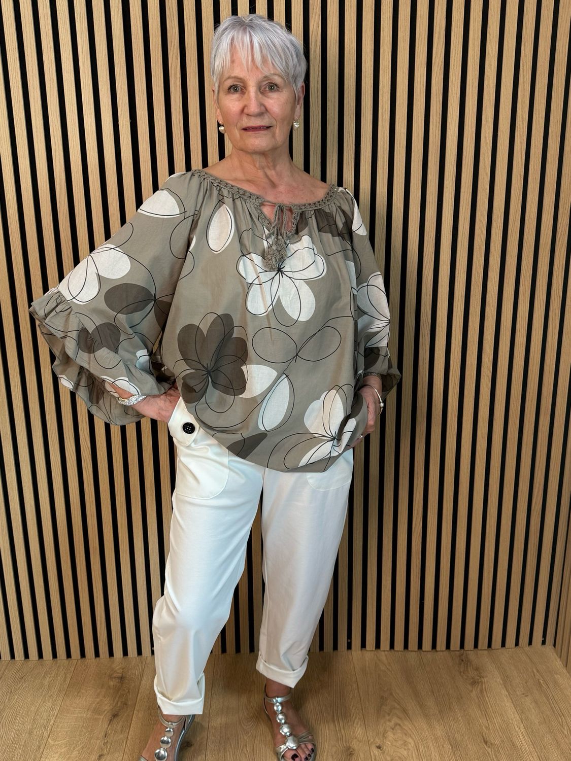 Floral Tie Neck Blouse - Taupe