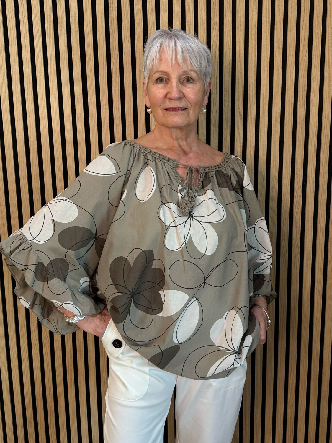 Floral Tie Neck Blouse - Taupe