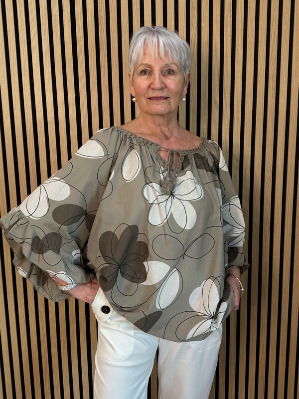 Floral Tie Neck Blouse - Taupe