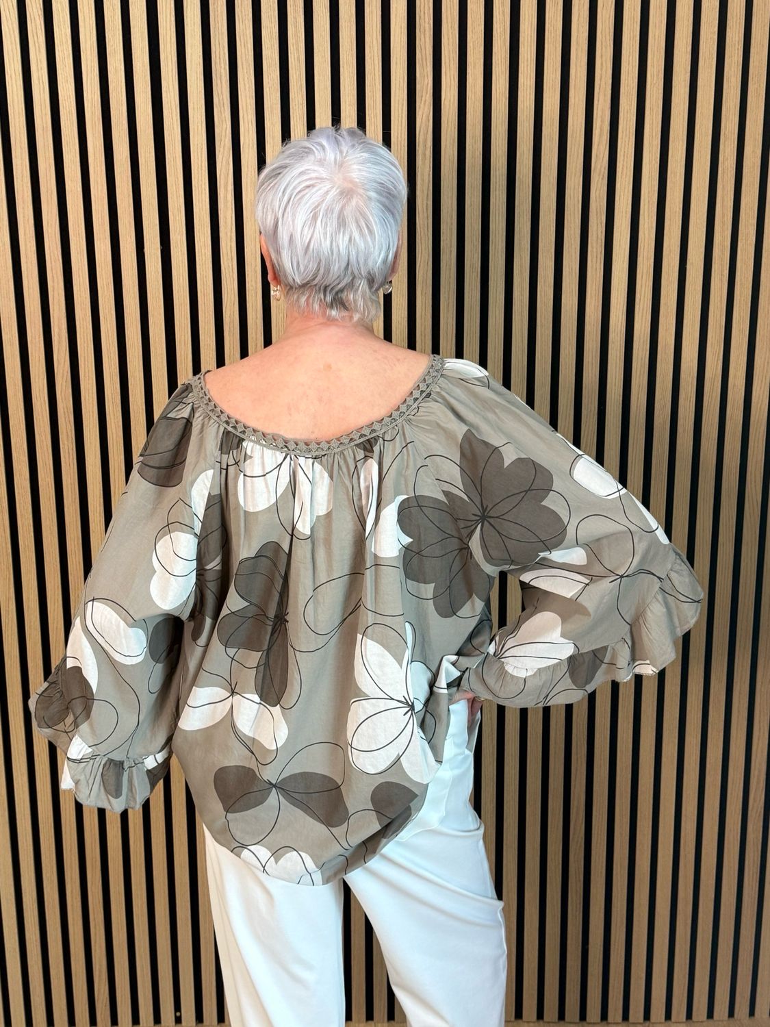 Floral Tie Neck Blouse - Taupe