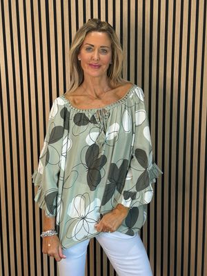 Floral Tie Neck Blouse - Khaki