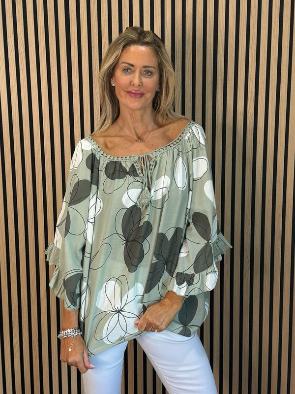 Floral Tie Neck Blouse - Khaki